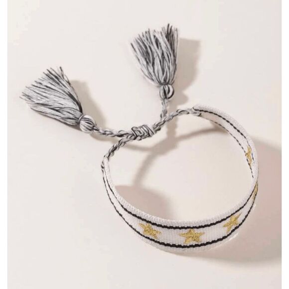 Black and White Star Embroidered Woven Bracelet - Picture 2 of 5